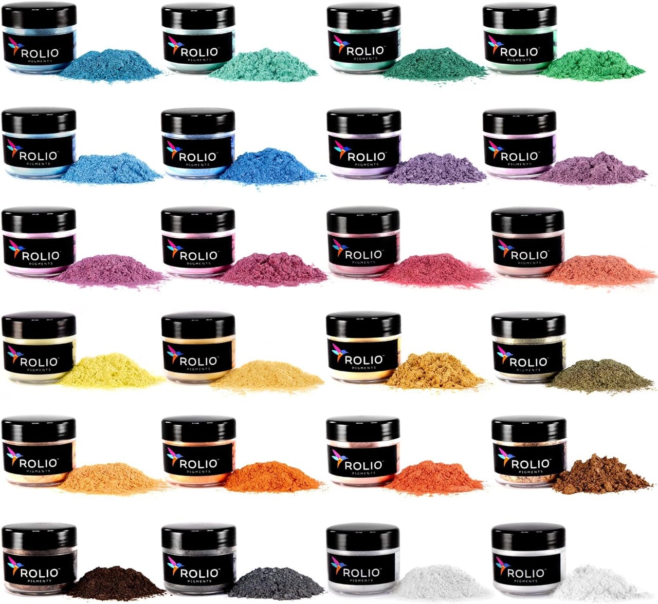 Rolio Mica Powder - 24 Color Pastel Set, 10g, Pearlescent Color Pigment - Art Set for Resin Epoxy - for Soap Making, Nail Polish, Lip Gloss, Eye Shadow, Slime & Candle Jars